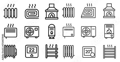 Home heating icons set: outline, silhouette, temperature control symbols
