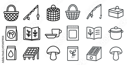 Fishing and cooking outline icons set – line, silhouette, kitchen and outdoor symbols