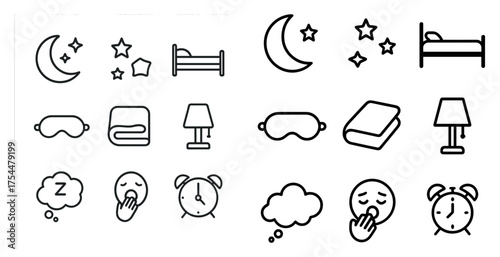 Bedtime and sleep outline icons set – silhouette, nighttime, rest symbols