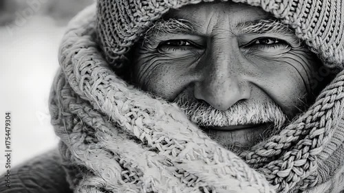 Elderly man in winter attire braving the cold with a warm smile