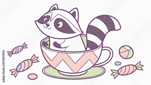 Candy Shop themed SVG: Loving Raccoon with sitting in a teacup ride in a Birthday environment