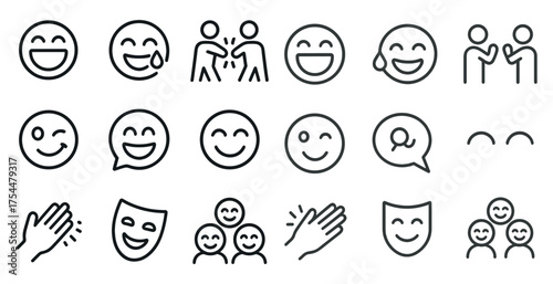 Emoji and expression line icons set – simple, outline, smiley and emoticon designs