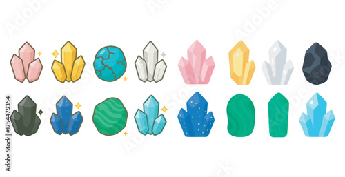 Gemstone and crystal icons set – flat, solid, minerals and geology symbols