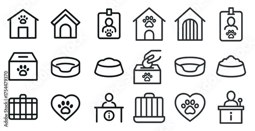 Pet care and adoption icons set – linear, outline, animal rescue symbols
