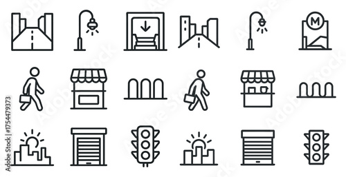 Urban cityscape icons set – outline, linear, street and infrastructure symbols