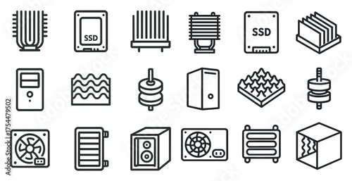 Computer hardware outline icons set – linear, technology, digital components symbols
