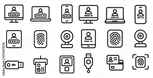 Digital security and privacy icons set – outline, linear, tech and protection symbols