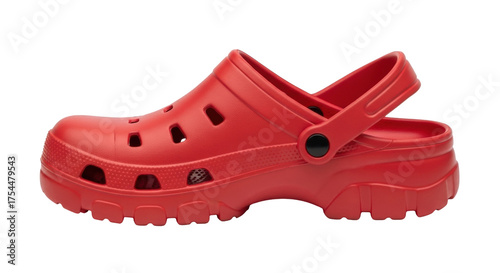 Photos Isolated red clog shoe with heel support and perforated vamp for ventilation, ca