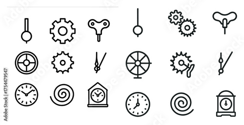 Clock and gear outline icons set – linear, timekeeping and mechanical symbols