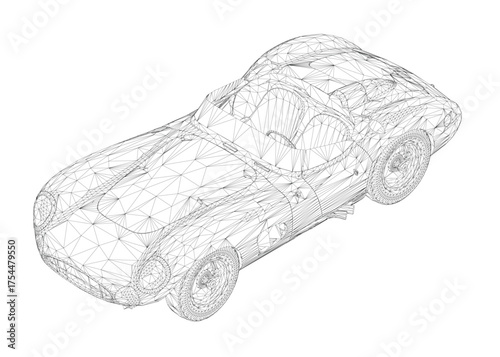 Retro sports car wireframe model with intricate geometric shapes and lines. This minimalist cabriolet design features a clean white background.