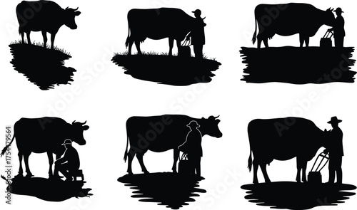 Cow milking silhouette, farmer with bucket, rural dairy scene, traditional agriculture, livestock care, editable vector, countryside life, black graphic illustration