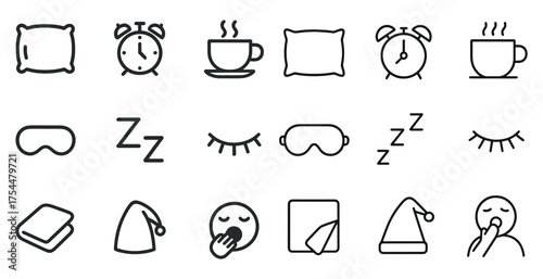 Sleep and relaxation outline icons set – linear, filled, bedtime and wellness symbols