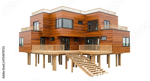 Isolated luxurious brown cedar beach house with staircases and decks on stilts for flood control