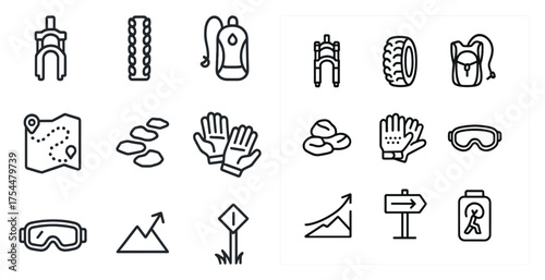 Hiking and outdoor line icons set – adventure, trekking, camping symbols