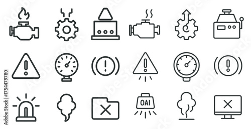 Automotive and mechanical outline icons set – linear, solid, vehicle and machinery symbols