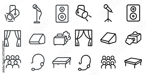 Music and audio equipment line icons set – outline, linear, sound and stage symbols