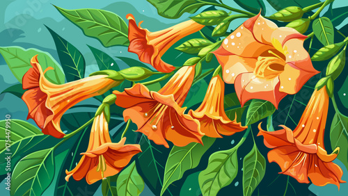 Very beautiful macro photograph of trumpet vine (Campsis radicans) blooms glistening with raindrops, vibrant orange-red petals, detailed textures, and lush green foliage in Raleigh, North Carolina.