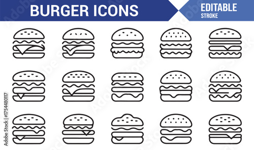Minimal burger outline icons — fast food, snack, and culinary illustration pack