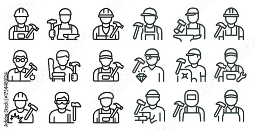 Construction and carpenter outline icons set – linear, solid, building and repair tools
