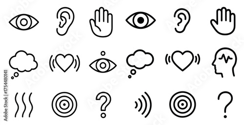 Communication and perception line icons set – outline, hearing, visual symbols