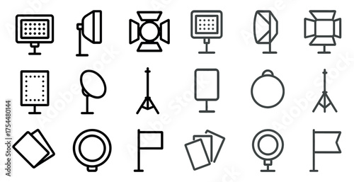 Photography equipment icons set – outline, linear, camera and lighting symbols