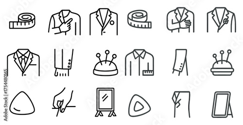 Tailoring and fashion outline icons set – linear, sewing, apparel design symbols