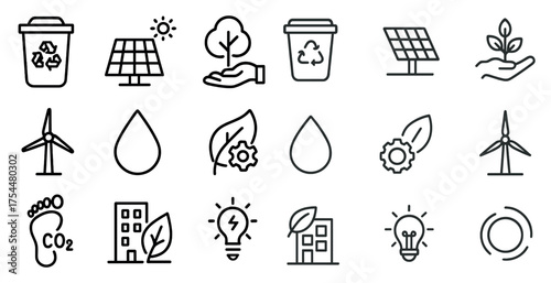 Eco-friendly outline icons set – flat, sustainable, environmental protection symbols