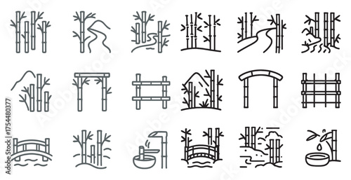 Bamboo nature outline icons set – linear, zen, botanical vector graphics
