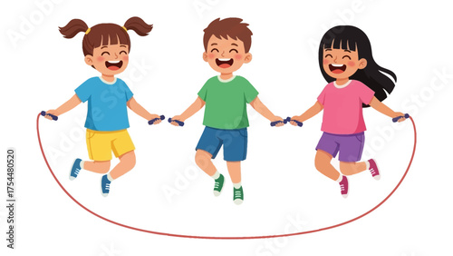Joyful Rope Skipping: A vibrant illustration captures the playful spirit of three cheerful children joyfully jumping rope together, filled with laughter and boundless energy.