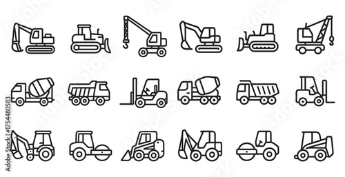 Construction machines outline icons set – linear, line, building and equipment symbols