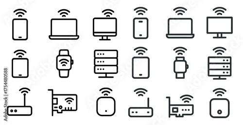 Wifi and technology outline icons set – linear, signal, connectivity symbols