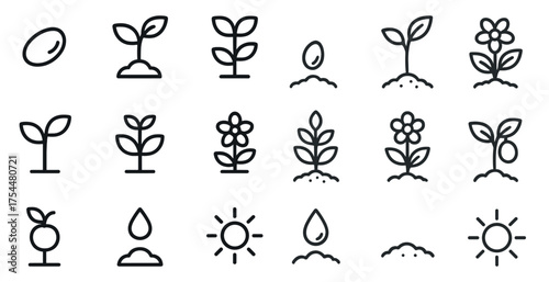 Plant growth outline icons set – line, linear, nature and agriculture symbols
