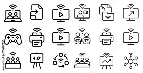 Remote work outline icons set – flat, linear, virtual and online collaboration symbols