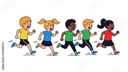 Joyful Sprint: A cheerful depiction of five diverse children joyfully sprinting forward, embodying youthful energy and the spirit of fun and play.