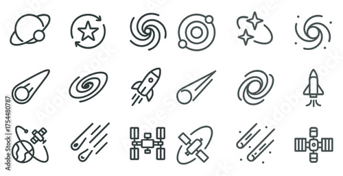 Space exploration icons set – outlined, line, galaxy and astronomy symbols