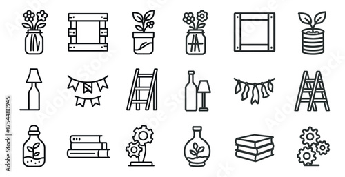 Home decor linear icons set – outline, interior, design and furnishing elements