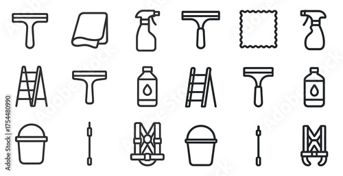 Cleaning tools outline icons set – linear, line, janitorial and maintenance symbols