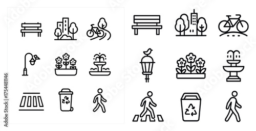 Urban and city outline icons set – silhouette, linear, municipal elements