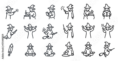 Witchcraft and wizardry outline icons set – line, magical, spell symbols