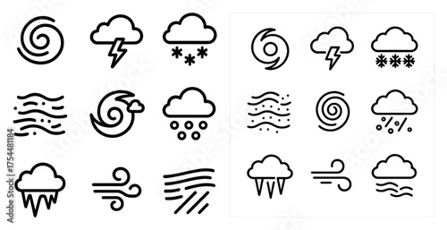 Weather outline icons set – flat, linear, meteorological symbols and signs