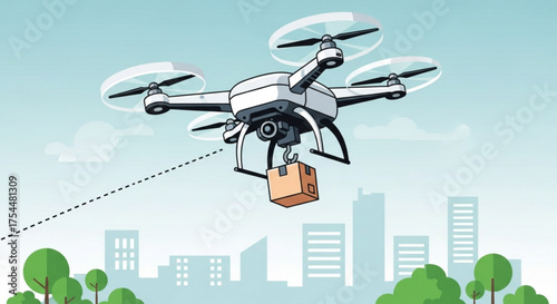Drone delivery service with package box flying over city buildings and green trees