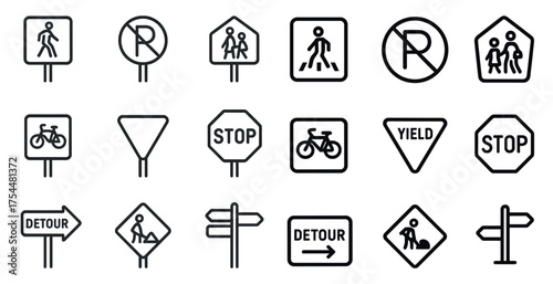 Traffic sign icons set – outline, linear, road safety and navigation symbols