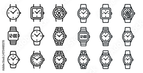 Timepiece line icons set – clocks, watches, outline and analog motifs