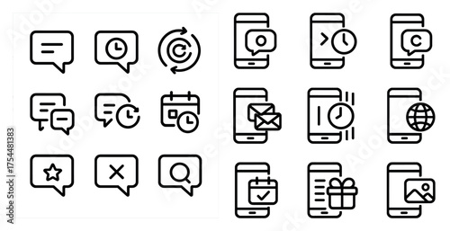 Communication and scheduling line icons set – outline, email, message symbols
