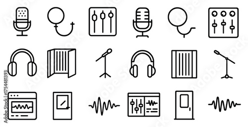 Audio and music outline icons set – linear, sound, recording and podcast symbols