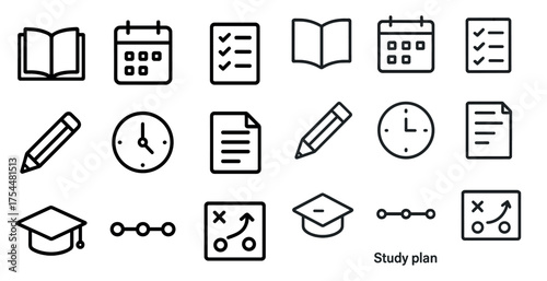 Education and study plan line icons set – outline, academic, learning symbols