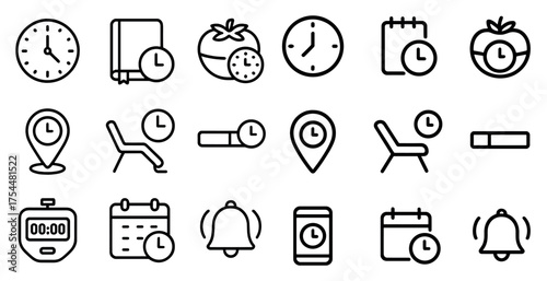 Time management outline icons set – linear, clock, schedule and planner symbols
