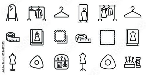 Fashion and tailoring outline icons set – sewing, measurement, style tools