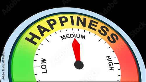 Photos Happiness medium, text, word level concept illustration with barometer or tachometer meter on black background