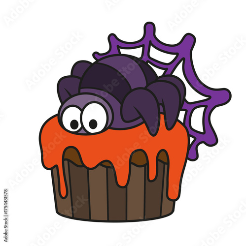 Biscuit cake with Halloween Spyder on web decoration on white background